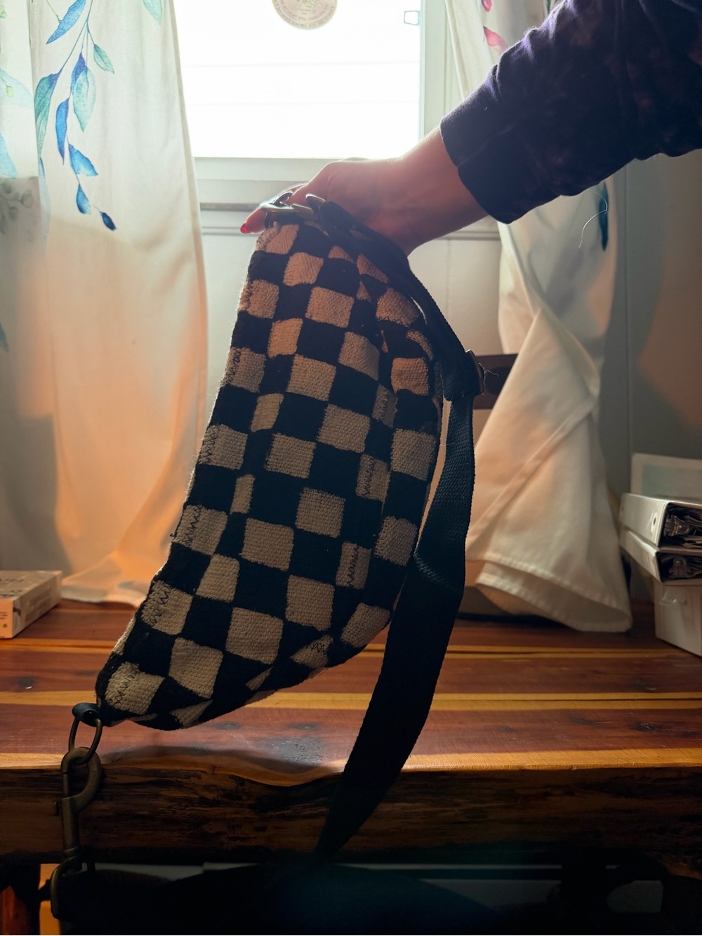 Handmade Checkerboard Canvas Sling Bag - Black & Cream - Picture 2 of 4